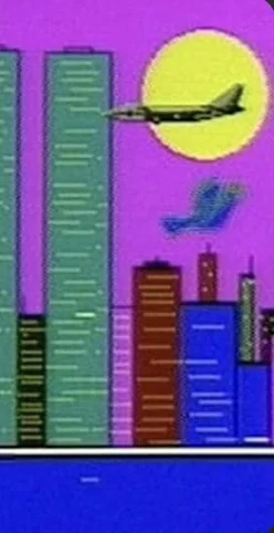 Image from Mirakelet: animated skyscrapers and a plane in front of a yellow sun in a pink sky